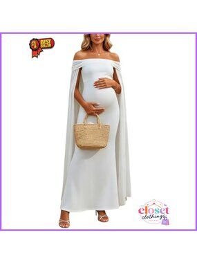 Off Shoulder Maternity Gown Chiffon Cape Sleeve Mermaid Maxi Dress Photoshoot